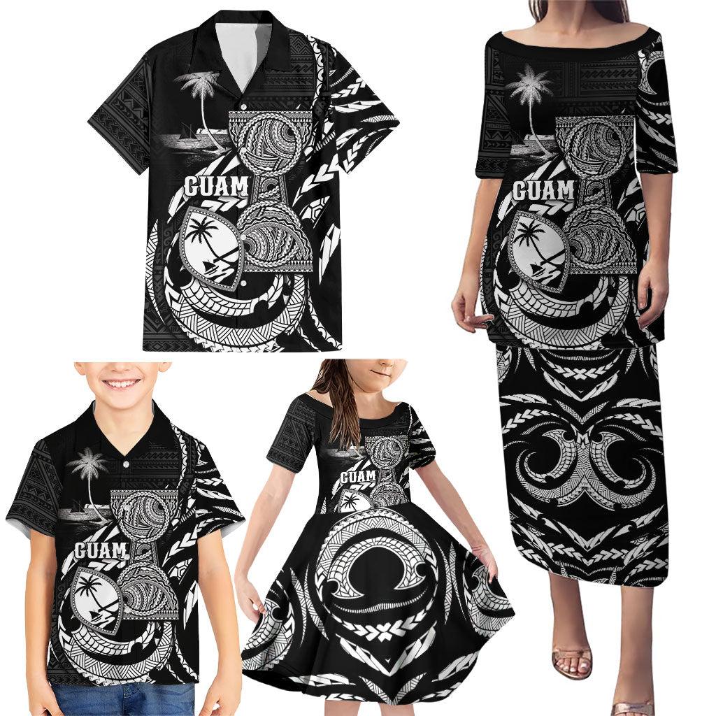 Personalised Guam Liberation Day Family Matching Puletasi and Hawaiian Shirt Black White Latte Stone Tribal Patterns DT05 - Polynesian Pride