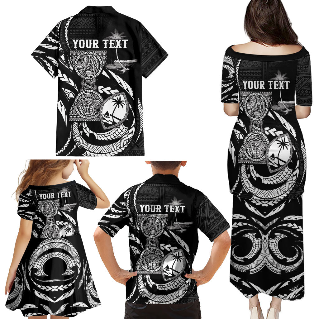 Personalised Guam Liberation Day Family Matching Puletasi and Hawaiian Shirt Black White Latte Stone Tribal Patterns