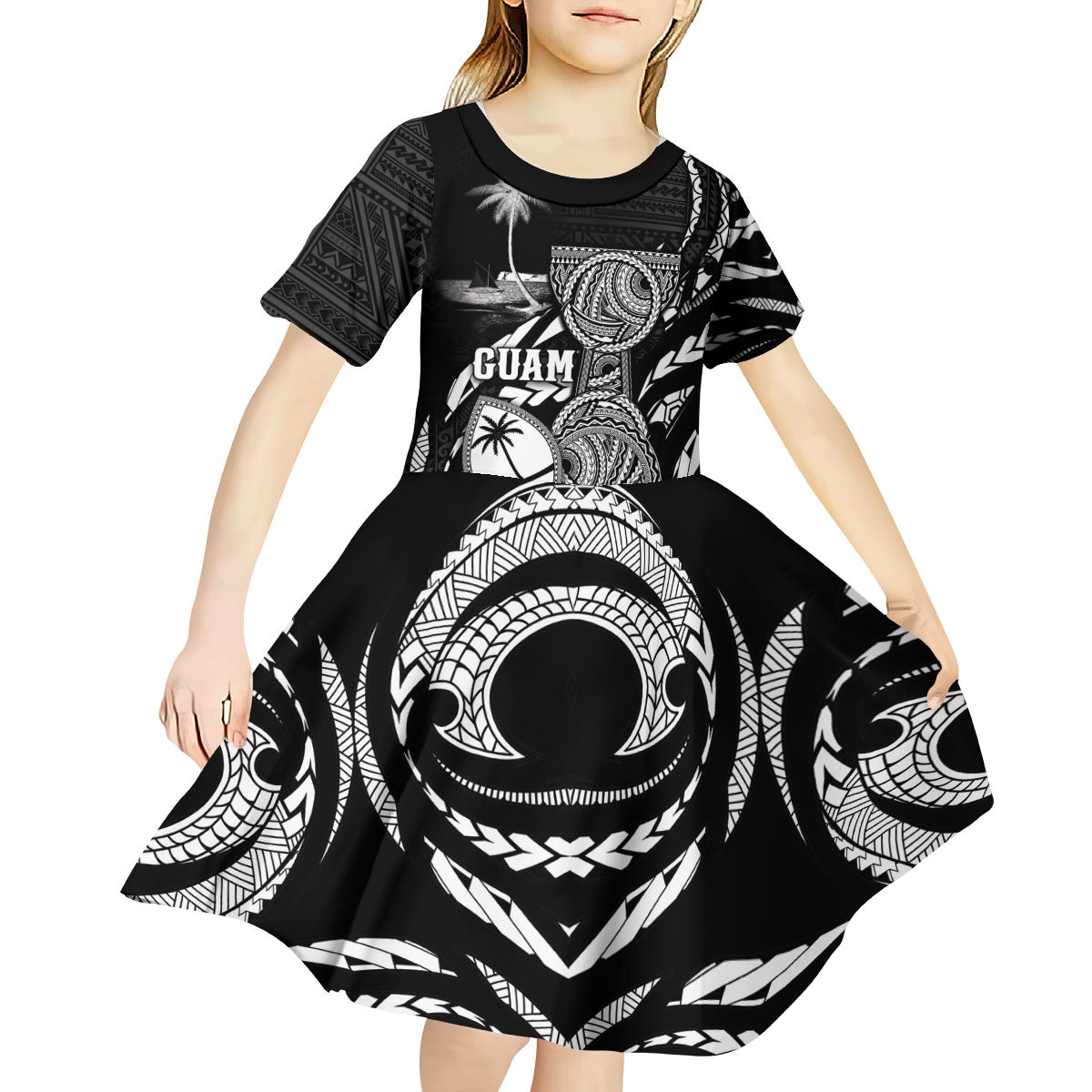 Personalised Guam Liberation Day Kid Short Sleeve Dress Black White Latte Stone Tribal Patterns