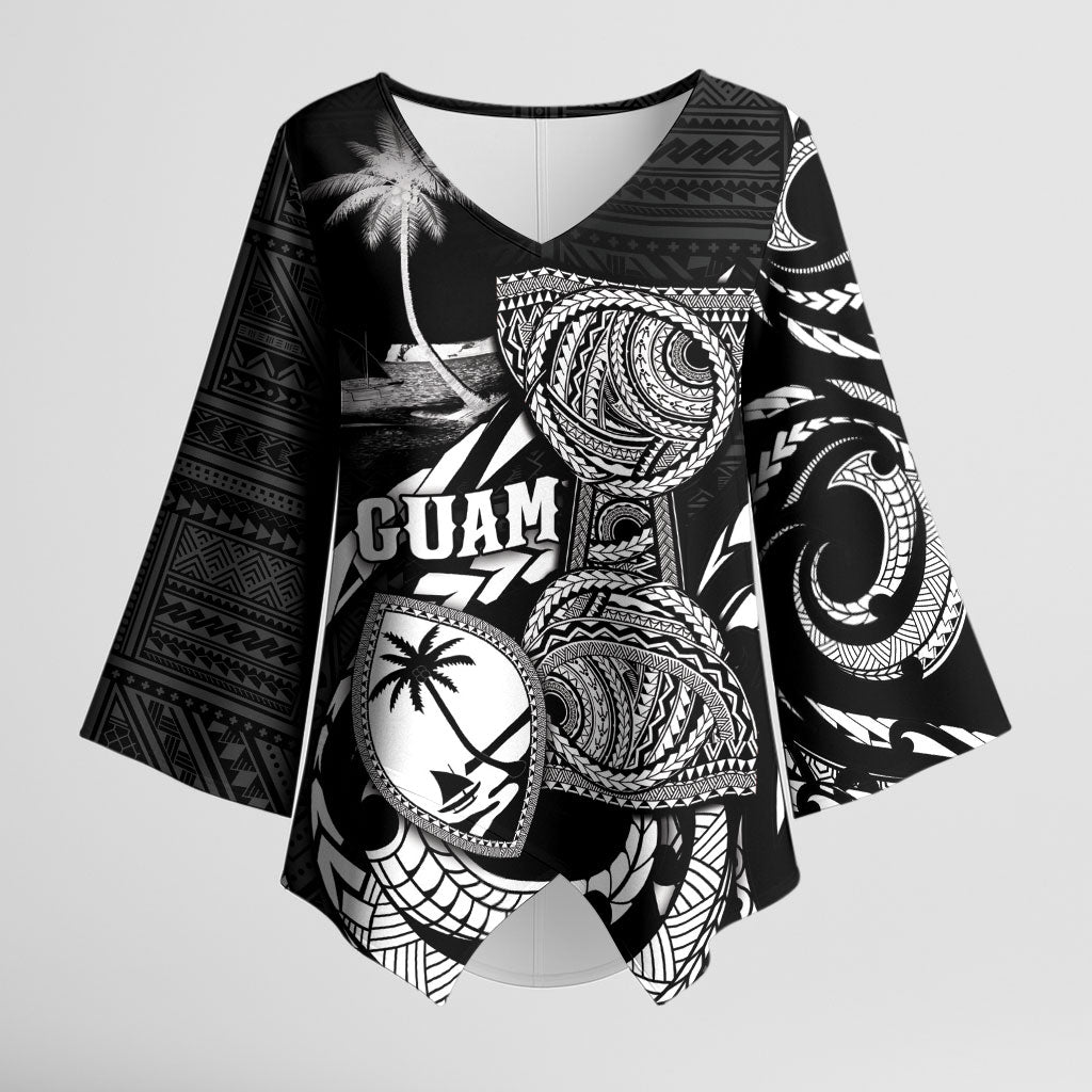 Personalised Guam Liberation Day Kimono Sleeve Blouse Black White Latte Stone Tribal Patterns