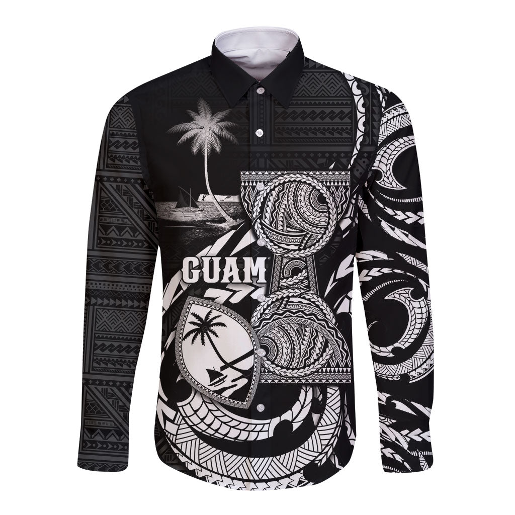 Personalised Guam Liberation Day Long Sleeve Button Shirt Black White Latte Stone Tribal Patterns DT05 Unisex Black - Polynesian Pride