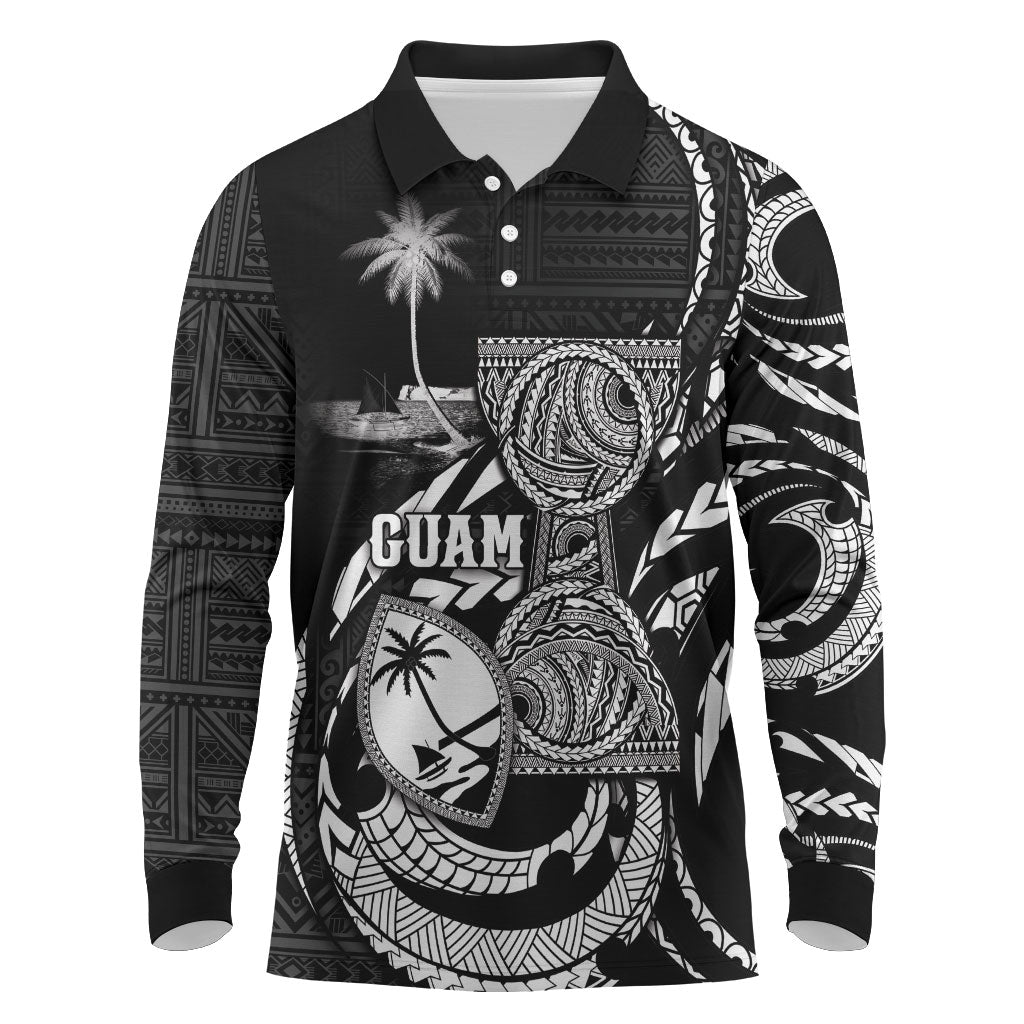 Personalised Guam Liberation Day Long Sleeve Polo Shirt Black White Latte Stone Tribal Patterns