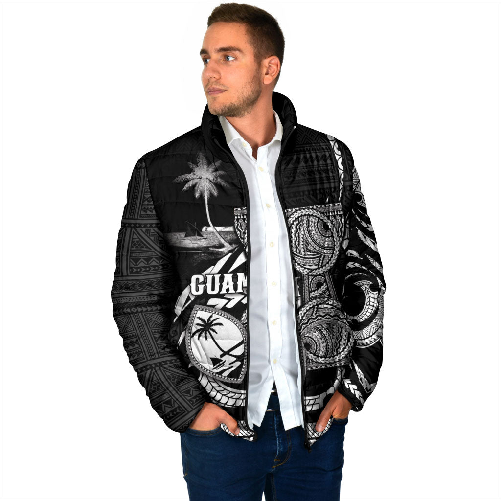 Personalised Guam Liberation Day Padded Jacket Black White Latte Stone Tribal Patterns