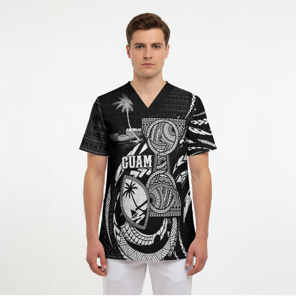 Personalised Guam Liberation Day Scrub Top Black White Latte Stone Tribal Patterns