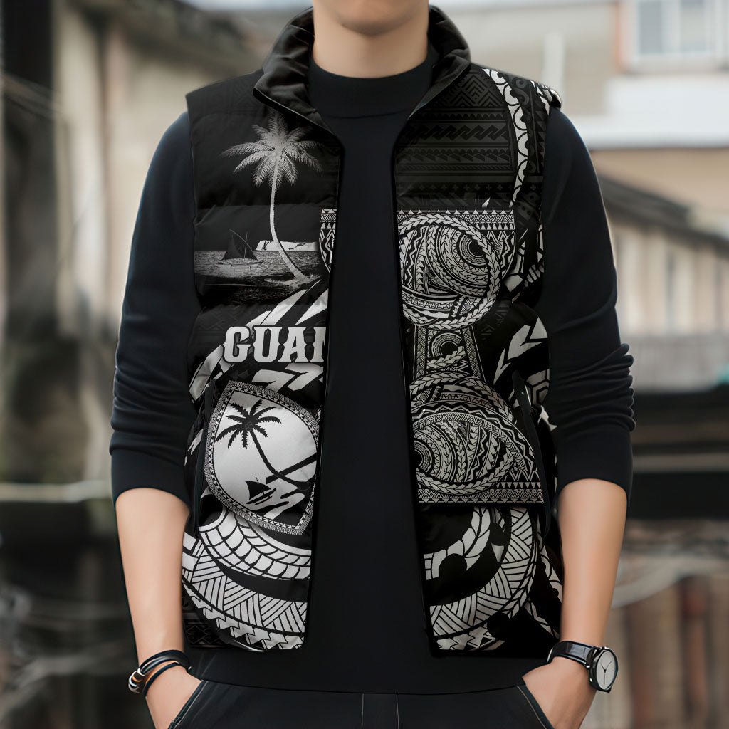 Personalised Guam Liberation Day Sleeveless Puffer Jacket Black White Latte Stone Tribal Patterns