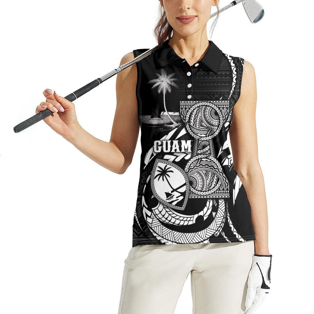 Personalised Guam Liberation Day Women Sleeveless Polo Shirt Black White Latte Stone Tribal Patterns