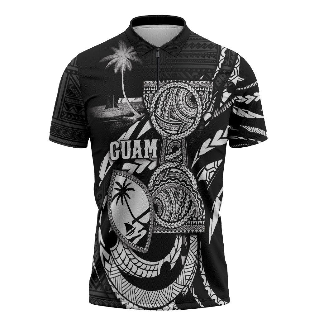 Personalised Guam Liberation Day Zipper Polo Shirt Black White Latte Stone Tribal Patterns