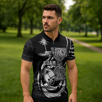 Personalised Guam Liberation Day Zipper Polo Shirt Black White Latte Stone Tribal Patterns