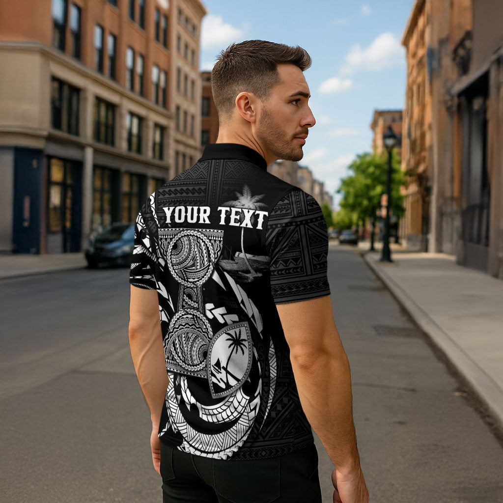 Personalised Guam Liberation Day Zipper Polo Shirt Black White Latte Stone Tribal Patterns