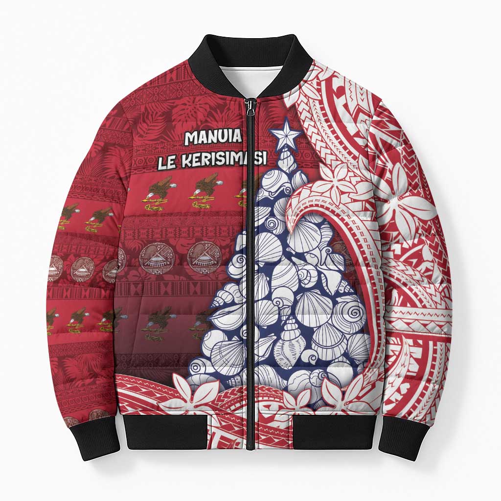 American Samoa Christmas Bomber Puffer Jacket Seashell Xmas Tree Tribal Waves - Polynesian Pride