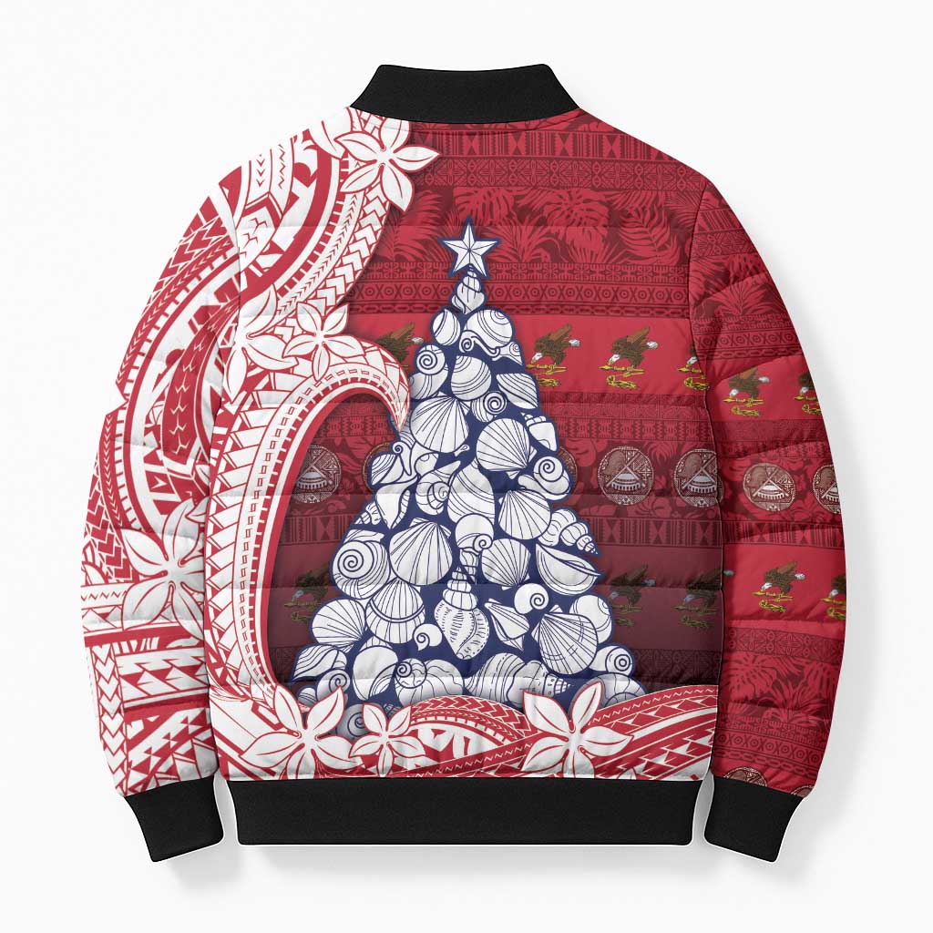 American Samoa Christmas Bomber Puffer Jacket Seashell Xmas Tree Tribal Waves - Polynesian Pride