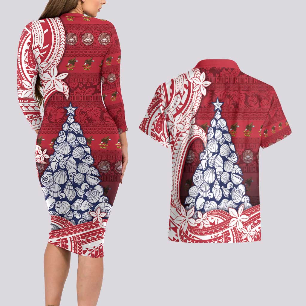 American Samoa Christmas Couples Matching Long Sleeve Bodycon Dress and Hawaiian Shirt Seashell Xmas Tree Tribal Waves - Polynesian Pride