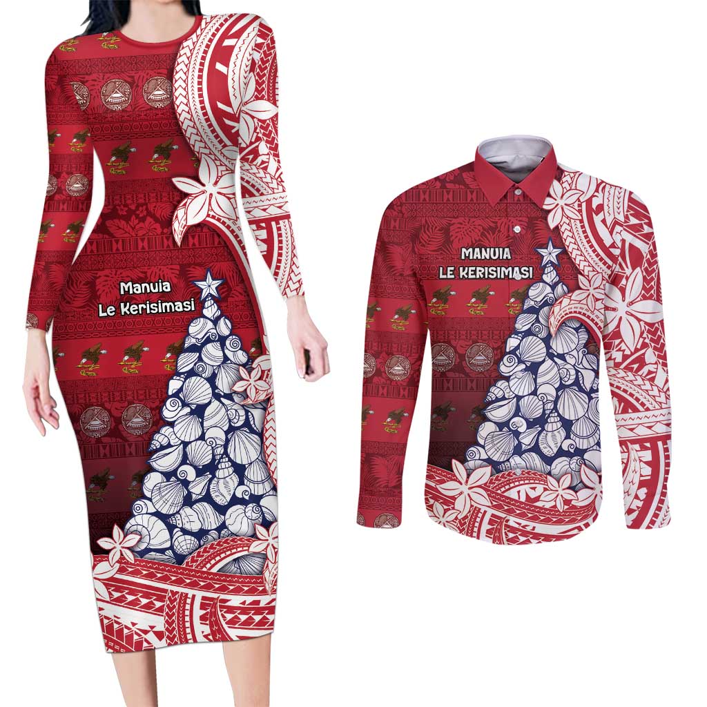 American Samoa Christmas Couples Matching Long Sleeve Bodycon Dress and Long Sleeve Button Shirt Seashell Xmas Tree Tribal Waves DT05 Red - Polynesian Pride