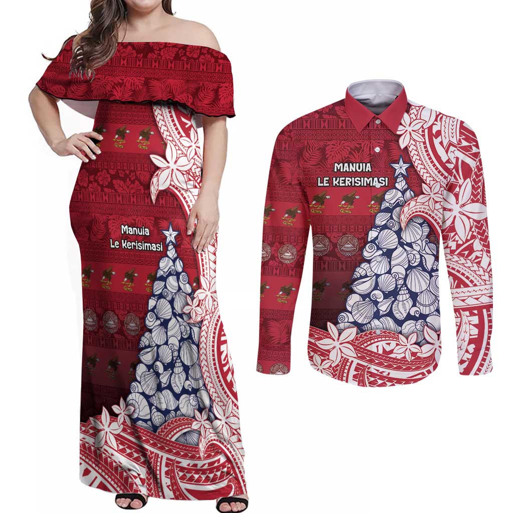 American Samoa Christmas Couples Matching Off Shoulder Maxi Dress and Long Sleeve Button Shirt Seashell Xmas Tree Tribal Waves DT05 Red - Polynesian Pride