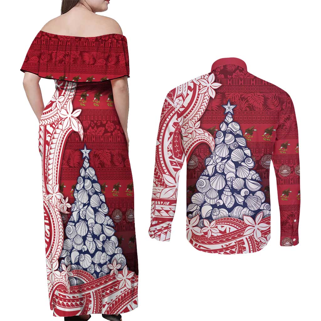 American Samoa Christmas Couples Matching Off Shoulder Maxi Dress and Long Sleeve Button Shirt Seashell Xmas Tree Tribal Waves DT05 - Polynesian Pride