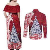 American Samoa Christmas Couples Matching Off Shoulder Maxi Dress and Long Sleeve Button Shirt Seashell Xmas Tree Tribal Waves DT05 - Polynesian Pride