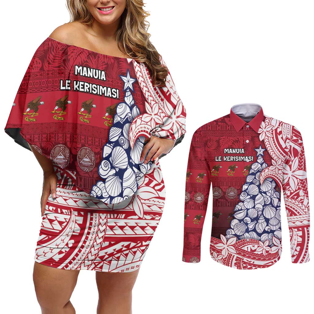 American Samoa Christmas Couples Matching Off Shoulder Short Dress and Long Sleeve Button Shirt Seashell Xmas Tree Tribal Waves DT05 Red - Polynesian Pride