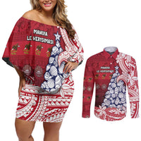 American Samoa Christmas Couples Matching Off Shoulder Short Dress and Long Sleeve Button Shirt Seashell Xmas Tree Tribal Waves DT05 Red - Polynesian Pride