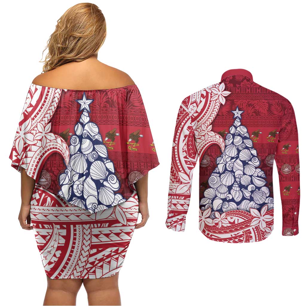 American Samoa Christmas Couples Matching Off Shoulder Short Dress and Long Sleeve Button Shirt Seashell Xmas Tree Tribal Waves DT05 - Polynesian Pride