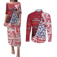 American Samoa Christmas Couples Matching Puletasi and Long Sleeve Button Shirt Seashell Xmas Tree Tribal Waves - Polynesian Pride