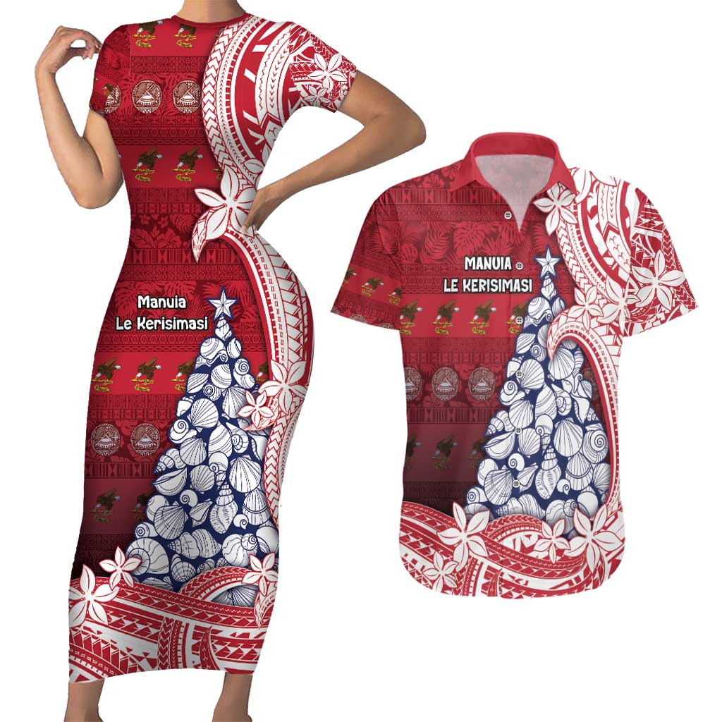 American Samoa Christmas Couples Matching Short Sleeve Bodycon Dress and Hawaiian Shirt Seashell Xmas Tree Tribal Waves - Polynesian Pride