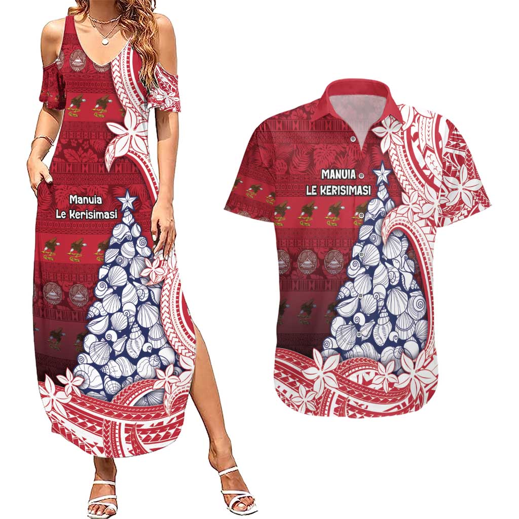 American Samoa Christmas Couples Matching Summer Maxi Dress and Hawaiian Shirt Seashell Xmas Tree Tribal Waves - Polynesian Pride