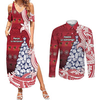 American Samoa Christmas Couples Matching Summer Maxi Dress and Long Sleeve Button Shirt Seashell Xmas Tree Tribal Waves DT05 Red - Polynesian Pride