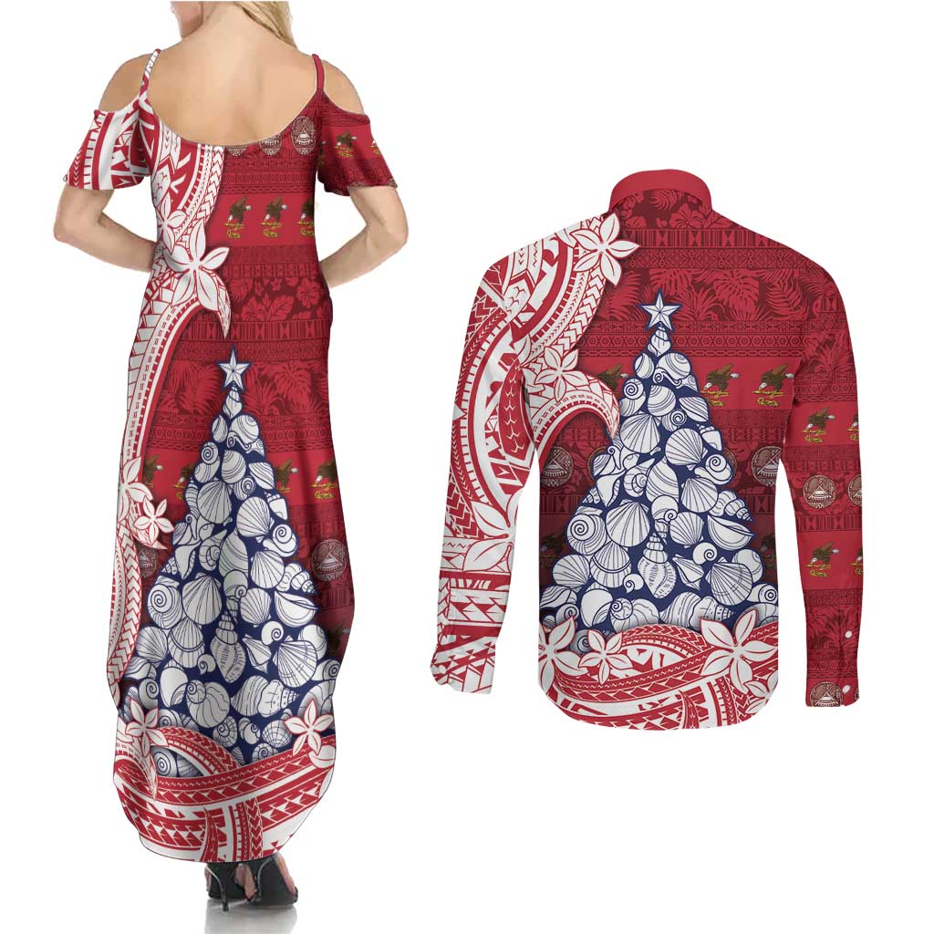 American Samoa Christmas Couples Matching Summer Maxi Dress and Long Sleeve Button Shirt Seashell Xmas Tree Tribal Waves DT05 - Polynesian Pride