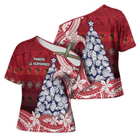 American Samoa Christmas Cross Shoulder Shirt Seashell Xmas Tree Tribal Waves - Polynesian Pride