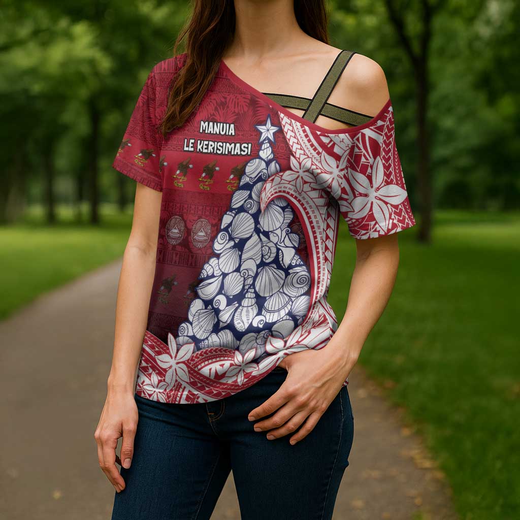 American Samoa Christmas Cross Shoulder Shirt Seashell Xmas Tree Tribal Waves - Polynesian Pride