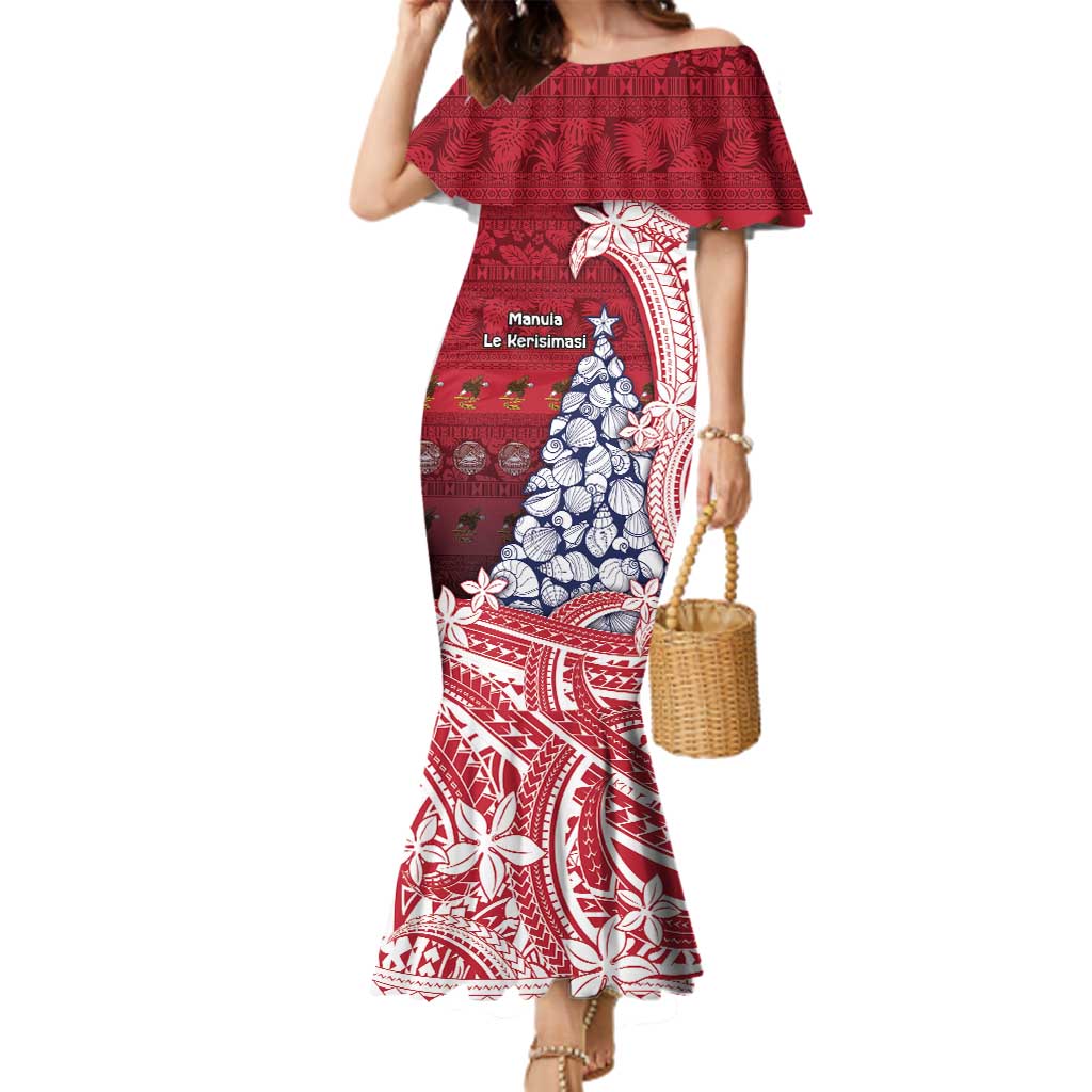 American Samoa Christmas Family Matching Mermaid Dress and Hawaiian Shirt Seashell Xmas Tree Tribal Waves - Polynesian Pride