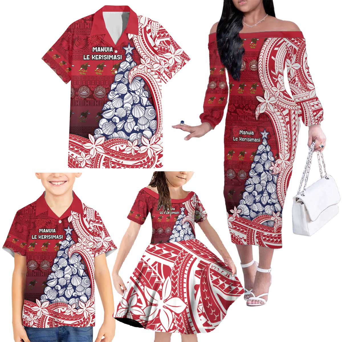 American Samoa Christmas Family Matching Off The Shoulder Long Sleeve Dress and Hawaiian Shirt Seashell Xmas Tree Tribal Waves - Polynesian Pride
