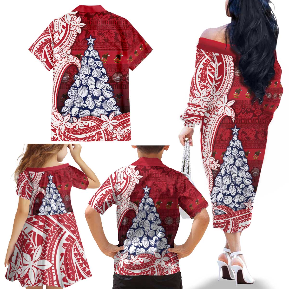 American Samoa Christmas Family Matching Off The Shoulder Long Sleeve Dress and Hawaiian Shirt Seashell Xmas Tree Tribal Waves - Polynesian Pride