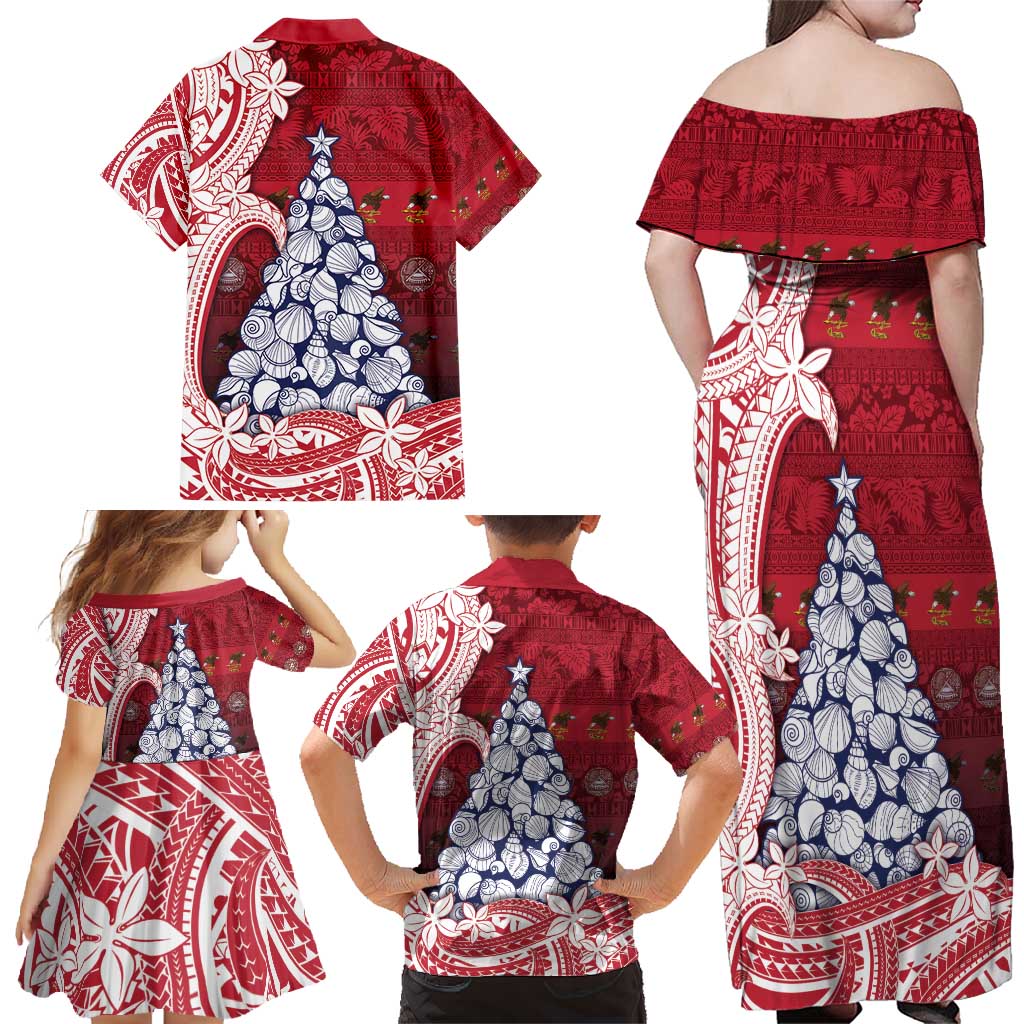 American Samoa Christmas Family Matching Off Shoulder Maxi Dress and Hawaiian Shirt Seashell Xmas Tree Tribal Waves - Polynesian Pride
