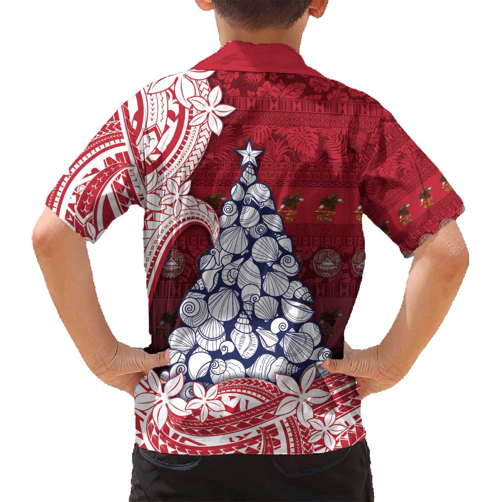 American Samoa Christmas Family Matching Off Shoulder Short Dress and Hawaiian Shirt Seashell Xmas Tree Tribal Waves - Polynesian Pride