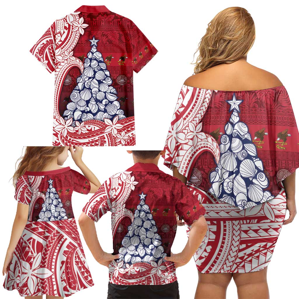 American Samoa Christmas Family Matching Off Shoulder Short Dress and Hawaiian Shirt Seashell Xmas Tree Tribal Waves - Polynesian Pride