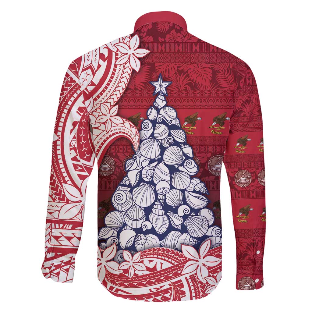 American Samoa Christmas Family Matching Off Shoulder Short Dress and Hawaiian Shirt Seashell Xmas Tree Tribal Waves - Polynesian Pride