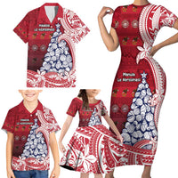 American Samoa Christmas Family Matching Short Sleeve Bodycon Dress and Hawaiian Shirt Seashell Xmas Tree Tribal Waves - Polynesian Pride