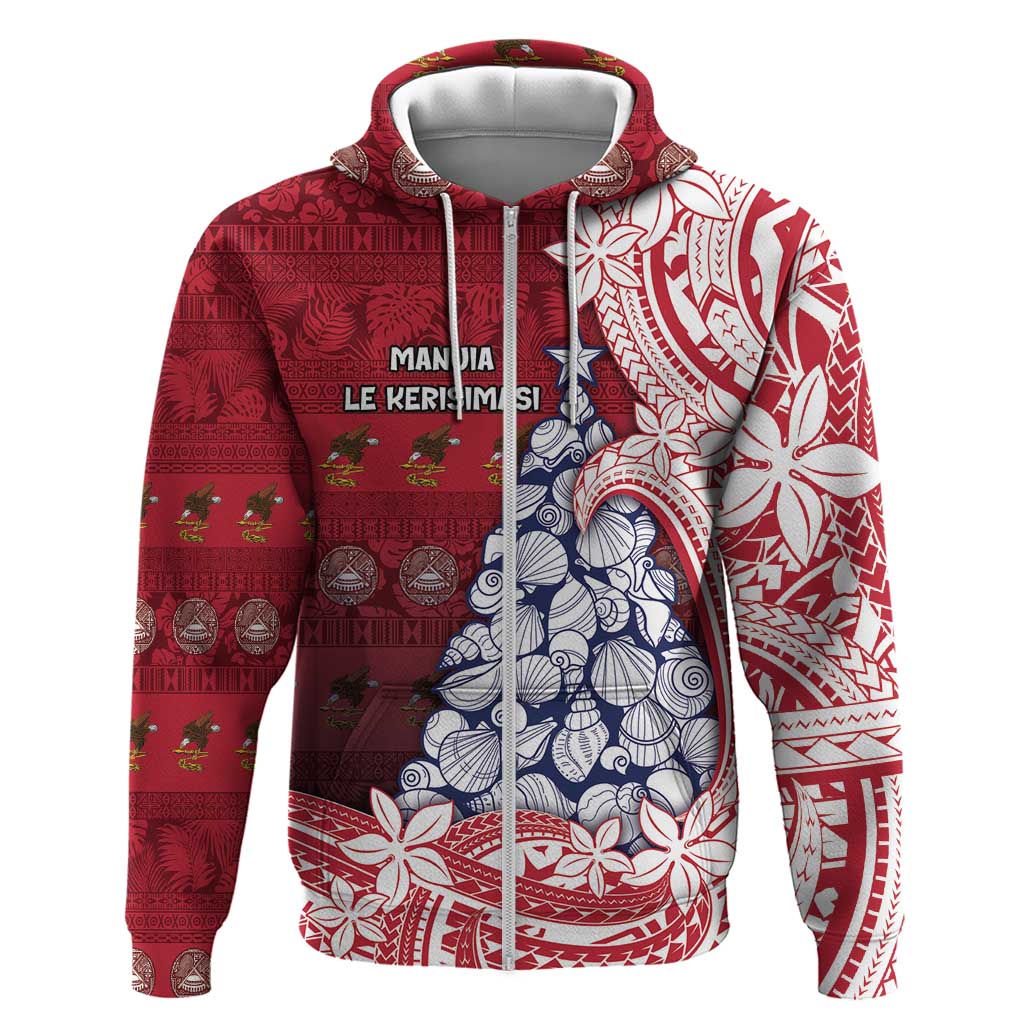 American Samoa Christmas Hoodie Seashell Xmas Tree Tribal Waves DT05 Zip Hoodie Red - Polynesian Pride