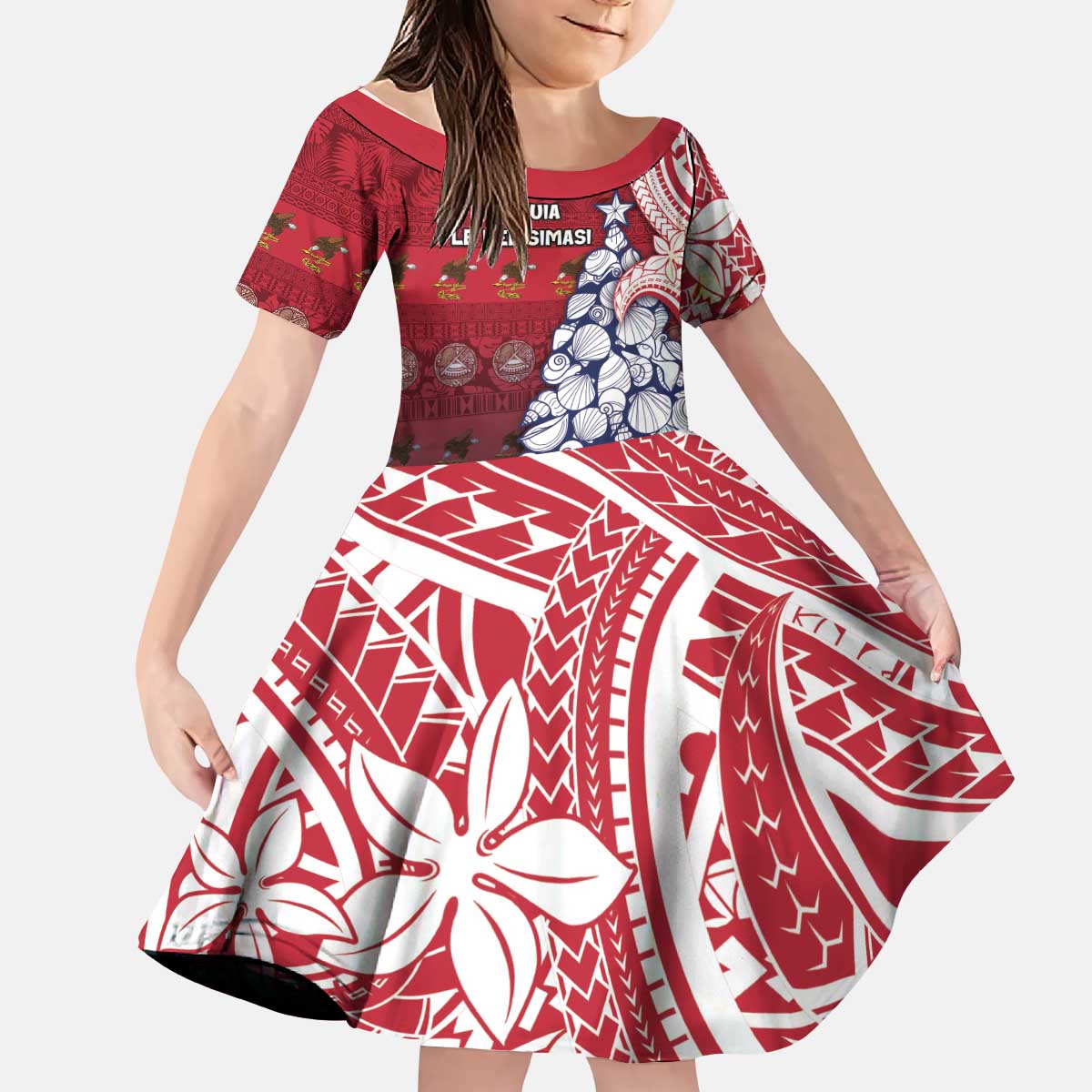 American Samoa Christmas Kid Short Sleeve Dress Seashell Xmas Tree Tribal Waves - Polynesian Pride