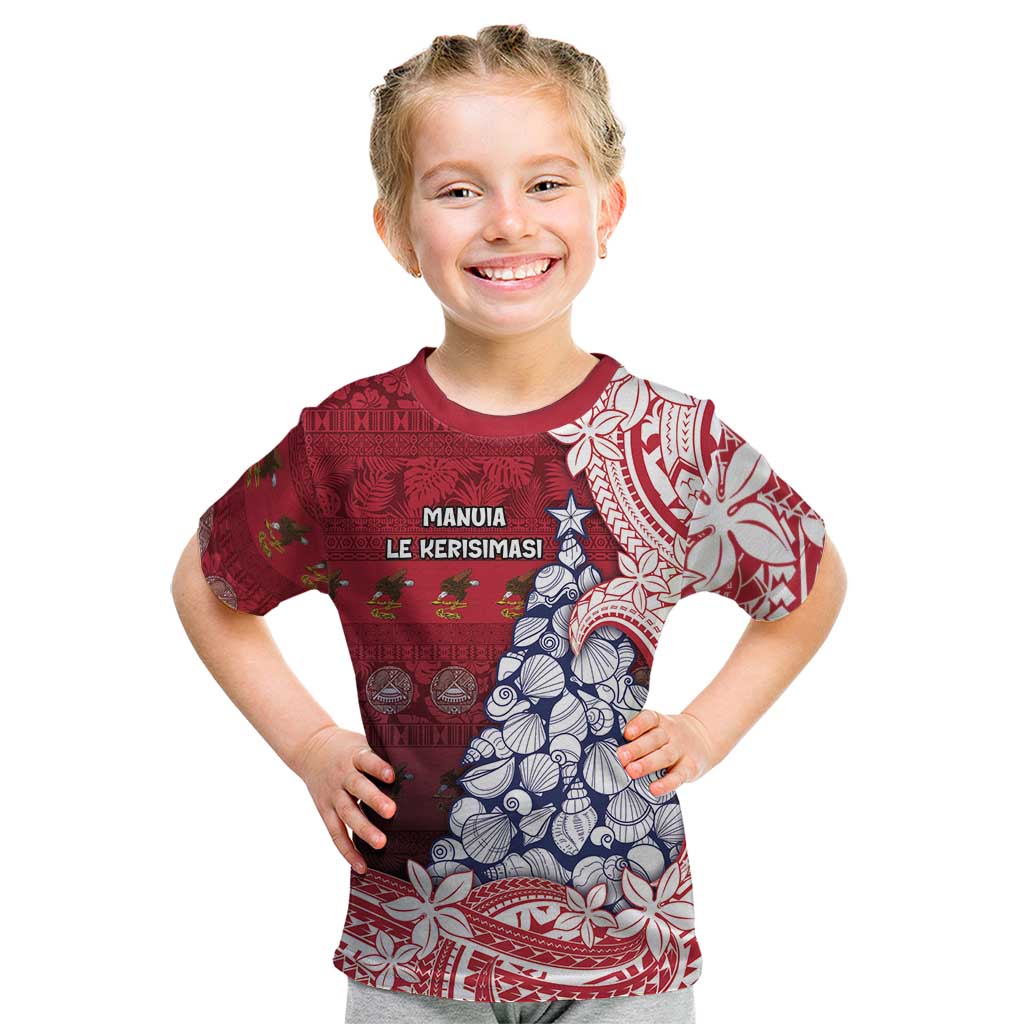 American Samoa Christmas Kid T Shirt Seashell Xmas Tree Tribal Waves DT05 Red - Polynesian Pride