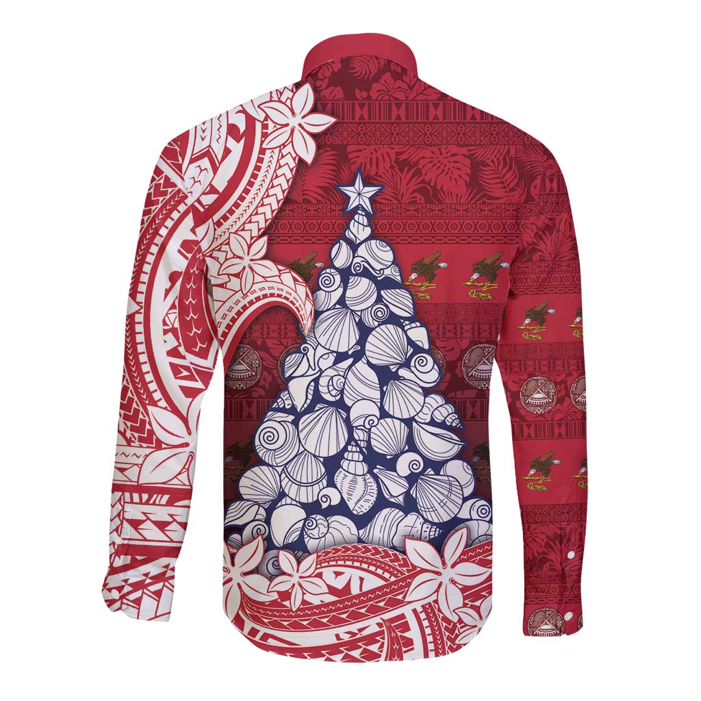 American Samoa Christmas Long Sleeve Button Shirt Seashell Xmas Tree Tribal Waves DT05 - Polynesian Pride