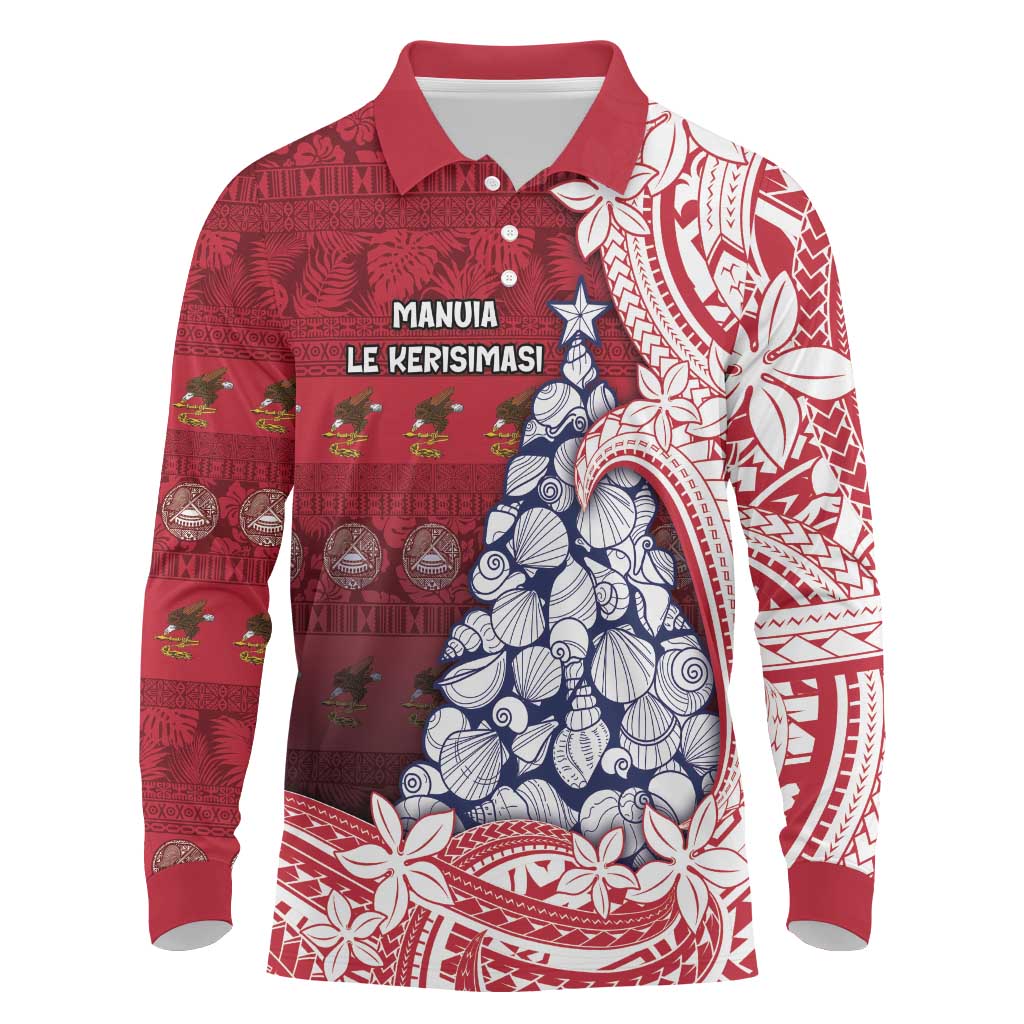 American Samoa Christmas Long Sleeve Polo Shirt Seashell Xmas Tree Tribal Waves DT05 Red - Polynesian Pride