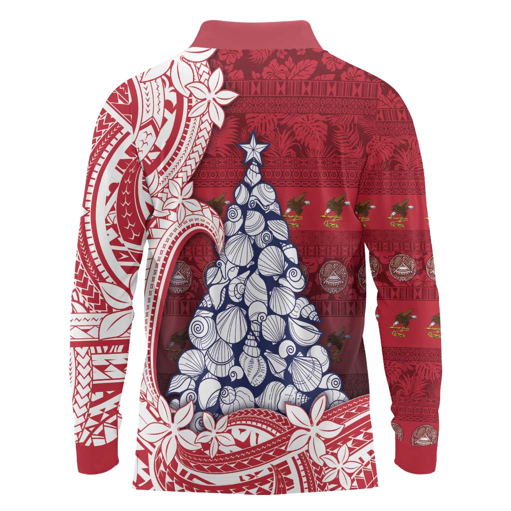 American Samoa Christmas Long Sleeve Polo Shirt Seashell Xmas Tree Tribal Waves DT05 - Polynesian Pride