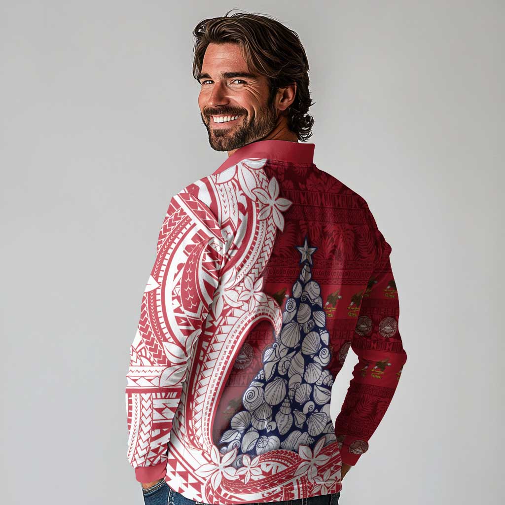 American Samoa Christmas Long Sleeve Polo Shirt Seashell Xmas Tree Tribal Waves DT05 - Polynesian Pride