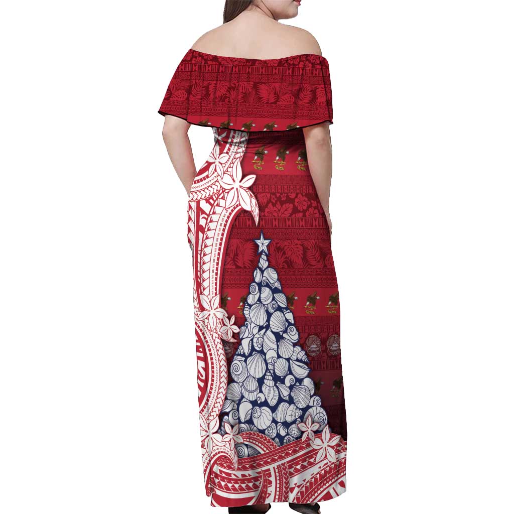 American Samoa Christmas Off Shoulder Maxi Dress Seashell Xmas Tree Tribal Waves - Polynesian Pride
