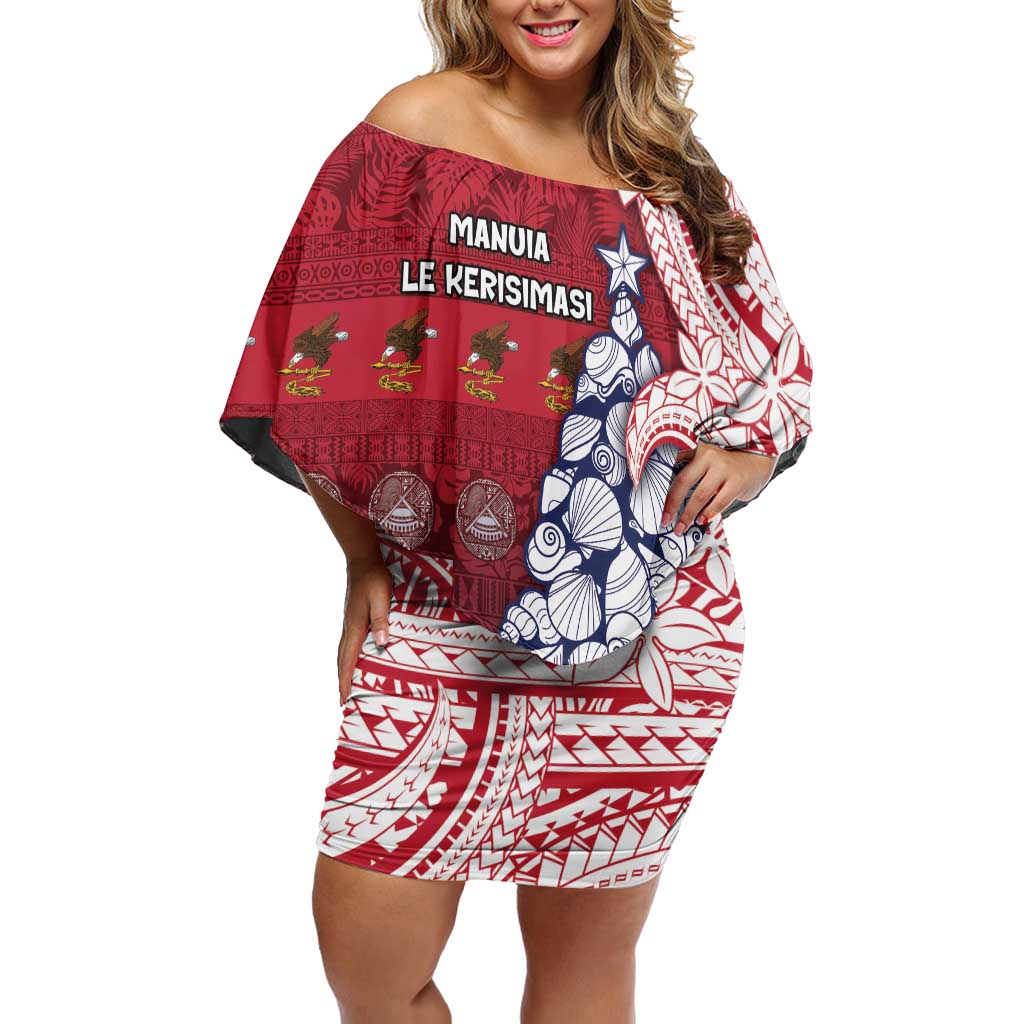 American Samoa Christmas Off Shoulder Short Dress Seashell Xmas Tree Tribal Waves - Polynesian Pride