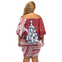 American Samoa Christmas Off Shoulder Short Dress Seashell Xmas Tree Tribal Waves - Polynesian Pride