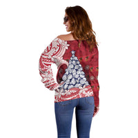 American Samoa Christmas Off Shoulder Sweater Seashell Xmas Tree Tribal Waves - Polynesian Pride