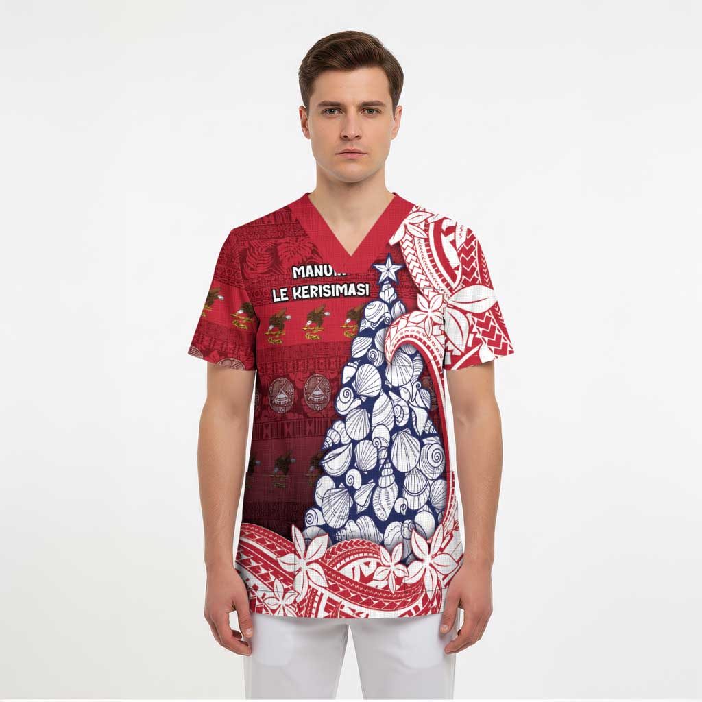 American Samoa Christmas Scrub Top Seashell Xmas Tree Tribal Waves - Polynesian Pride